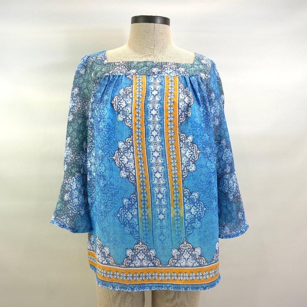 Zac & Rachel Bohemian Bell Sleeve Blouse Top Blue Yellow Women's Size S